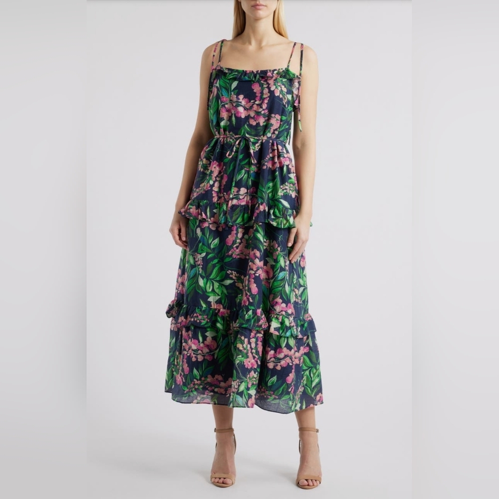 NWT - Julia Jordan Tencel Linen/Blend Tie Strap & Waist Tiered Maxi Dress-Sz L
